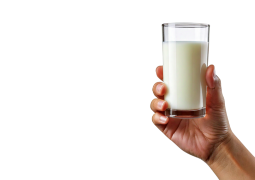 Hand with glass of milk isolated on transparent or white background
