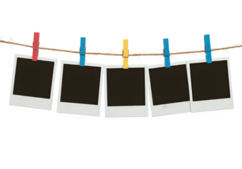 A row of five Polaroid frames pinned on a rope with clothespins, showcasing simplicity and an anticipation of cherished memories, isolated on white or transparent background. PNG