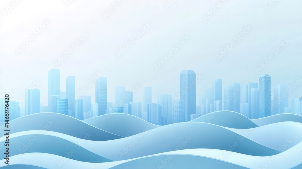 Aufkleber 水色の抽象的な都市景観 波状の地形と未来的な建築デザイン パステルカラーの背景にミニマルな3dレンダリングされた構造体の静かなシーン