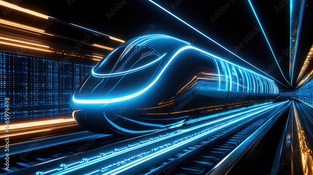 Aufkleber オレンジと青のライトに照らされた未来的な高速鉄道がトンネルを走行する様子を詳細に捉えた画像