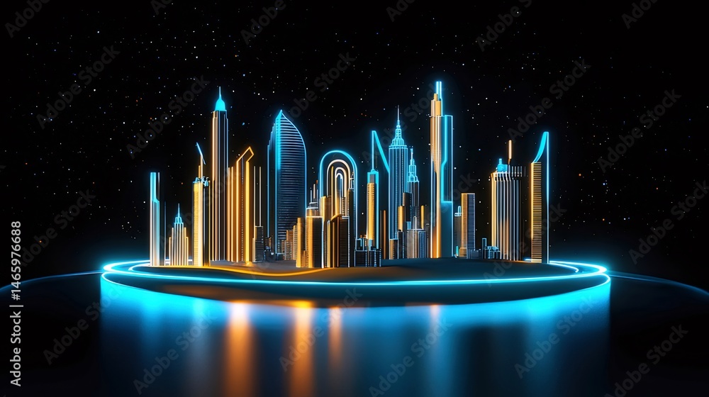 Poster ネオンブルーとゴールドの照明が輝く未来的都市スカイラインの抽象的な夜景 現代建築と技術革新