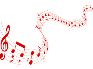 Abstract red music notes and clef symbol flowing on a black background graphic