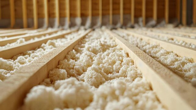 Close-up of cellulose insulation filling wooden joists in a new home construction.