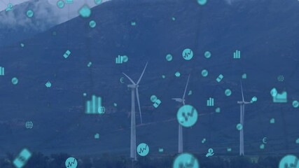 Modern wind turbines spinning on grassy plain, floating currency data chart icons overlaying view - Powered by Adobe