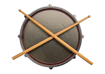 Top view of a snare drum and two drumsticks isolated on transparent or white background