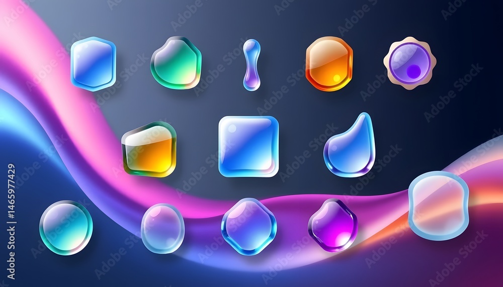 Aufkleber Modern Glassmorphism Icon Set, Frosted Design Elements With Vibrant Color Highlights And Smooth Transitions. Creative Ui Ux Vector Pack. Fresh Graphic Resource, Perfect For App And Web Design