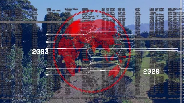 Red globe graphic being displayed over park scene, showing digital code columns and timeline