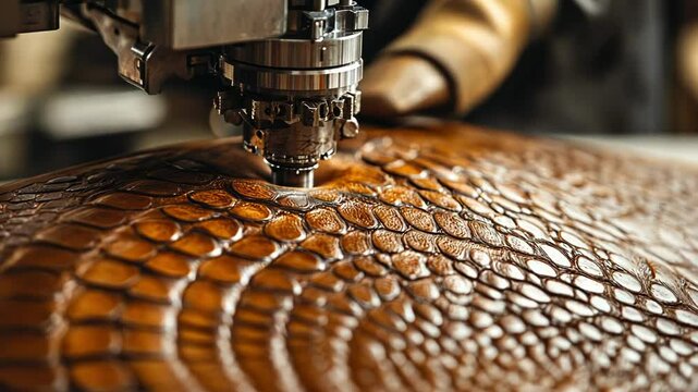 Close-up of machine stitching brown crocodile leather. Luxury texture and craftsmanship.