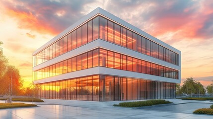 Fototapeta premium Contemporary office building design reflecting vibrant sunset sh