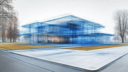 Abstract architectural blueprint of building in winter landscape