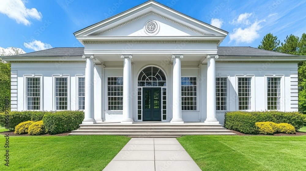 Poster classic white building architecture with columns and lush greene