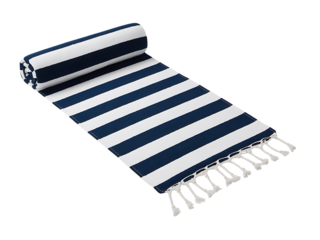 Stylish rolled beach mat with blue and white stripes and tassels for seaside relaxation