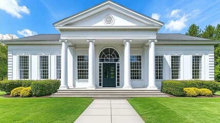 Classic white building architecture with columns and lush greene