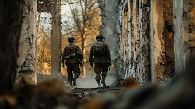 Two weary soldiers walk through the ruins of a wartorn building, reflecting on their journey and experiences