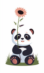Obraz premium Cute Panda Sits and Hugs a Tall Sunflower in a Vibrant and Cheerful Setting Enjoying Nature's Beauty Generative AI