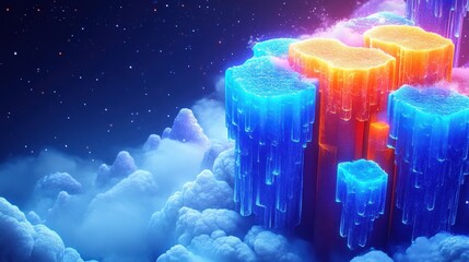 Surreal dreamscape of luminous cuboid structures rising above mi