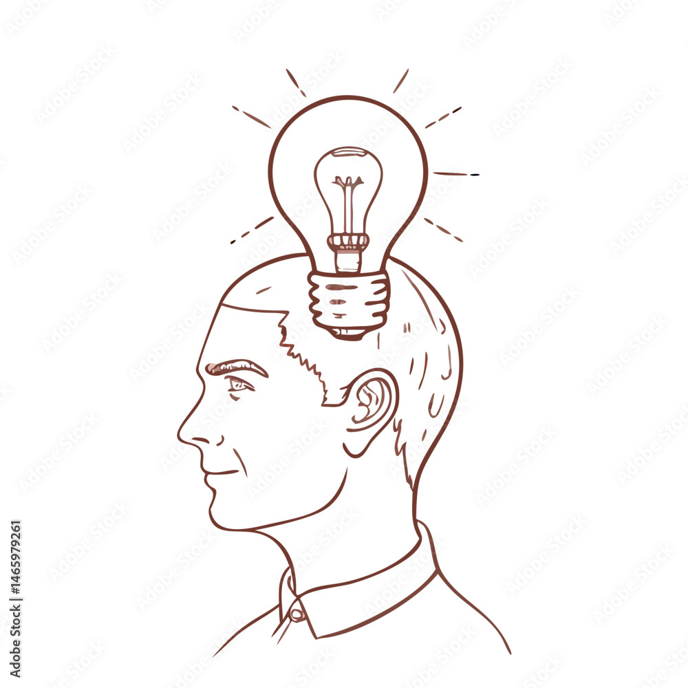 Poster creative concept illustration of a man with a light bulb emerging from an open head symbolizing idea