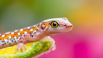 Obraz premium Close-up of Gecko Resting on a Green Leaf with Colorful Bokeh Background
