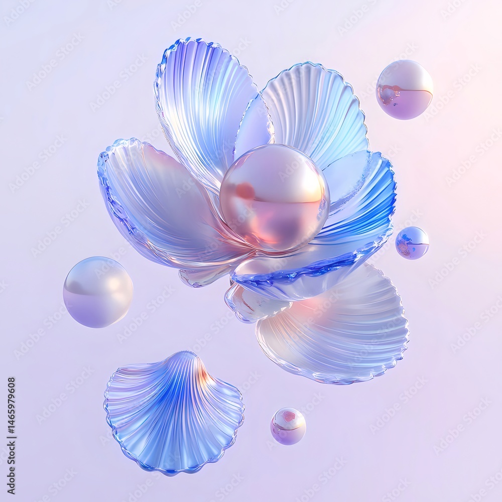 Poster 光沢のあるパール色の球体と花びらの抽象的な3dレンダリング 静かで上品な背景デザイン