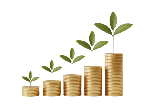 Financial growth concept with growing plants on stacks of golden coins representing investments