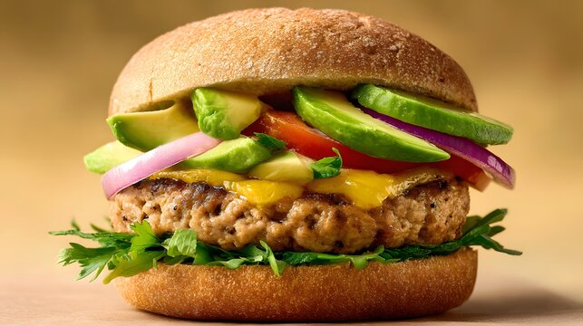Avocado burger: a juicy patty between buns, topped with fresh avocado, veggies and melted cheese.