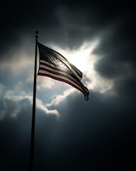 The American Flag and Dramatic Sky: The Stars and Stripes billows proudly against a stunning backdrop of a dramatic sky, evoking a sense of patriotism, freedom, and national pride.