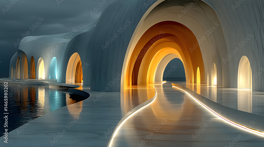 Poster futuristic architectural design illuminated arched pathways and reflective pools