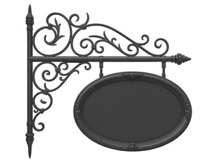 Ornate black blank sign hanging for business announcement advertisement promotion or branding purposes