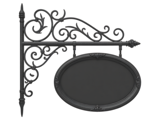 Ornate black blank sign hanging for business announcement advertisement promotion or branding purposes