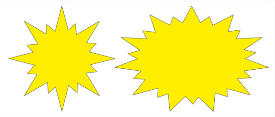 starburst yellow speech bubbles or baloon for comic design illustration. Comic burst, bursting star sticker, vector boom or explotion. communication concept
