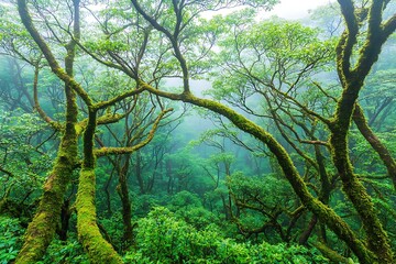 Obraz premium Lush Green Moss Covered Trees in a Misty Forest Deep Canopy Nature Scene