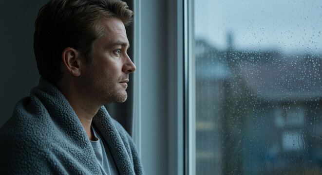 Man looking out window on rainy day, depression, sadness, loneliness, weather, home, sad