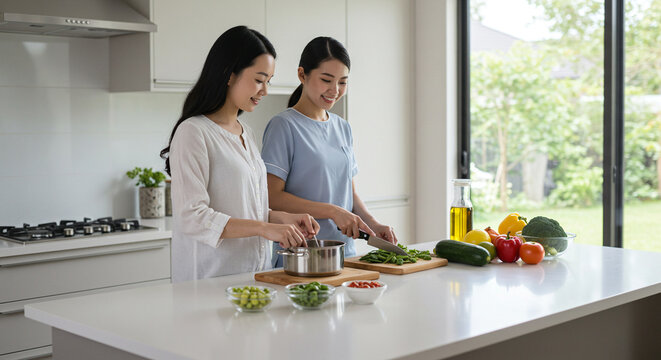 Two asian women cooking healthy meal together in kitchen preparing fresh vegetables salad