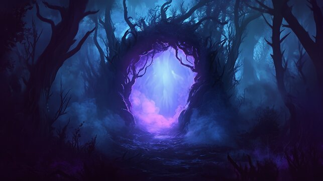 Mystical Forest Portal Glowing With Purple Light
