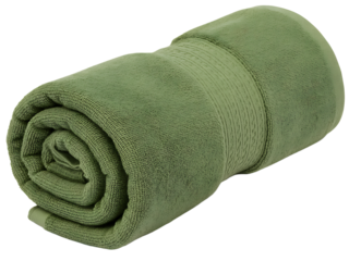 Rolled green bath towel offering cozy comfort and refreshing personal hygiene in everyday lifestyle