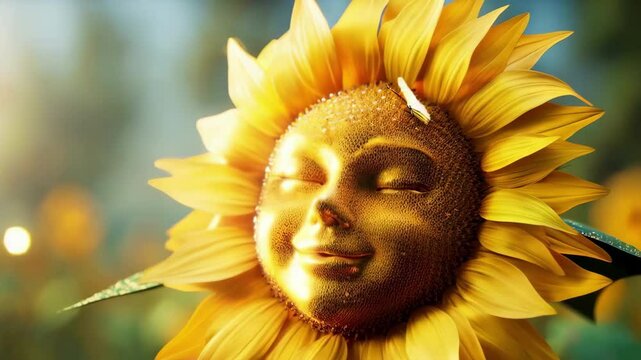 Video: A Unique Sunflower Portrait Featuring Butterflies Against a Blurred Background. A sunflower with a face and butterflies surrounding it.