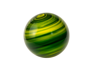 Swirling green and yellow abstract glass sphere with a glossy surface and artistic modern design.