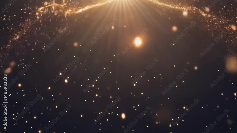 Poster golden sparkle particle stream with light burst animated background in 4k.