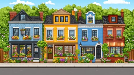 Pixelated town scene charming storefronts amidst lush greenery c