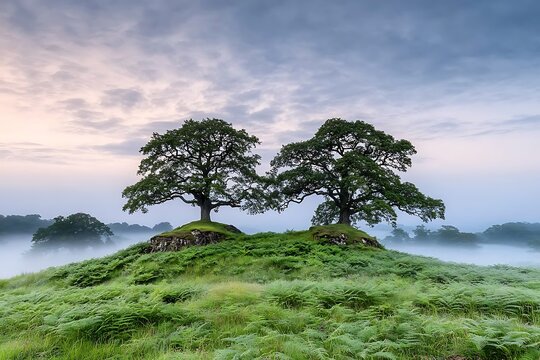 Majestic twin oak trees stand on a misty hilltop at sunrise showcasing a serene landscape - Powered by Adobe