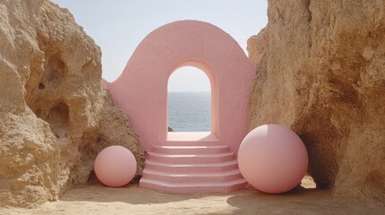Abstract Seascape Scene with Pink Archway and Geometric Shapes o