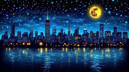 Serene Nightscape Metropolis Reflections and Starry Sky Glowing 