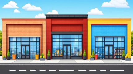 Colorful Storefronts Cartoon Illustration of a Row of Small Busi