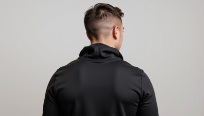 Man in a black hoodie from the back, against a neutral background.