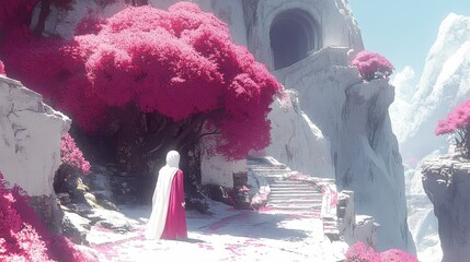 Surrealist landscape with figure and vibrant flora contrasting w