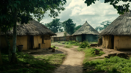 Traditional thatched-roof huts in a rural village setting with a dirt path.