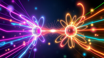 The illustration shows vibrant colored lines representing positrons and electrons colliding, creating a burst of light as they annihilate each other and release energy in the form of photons