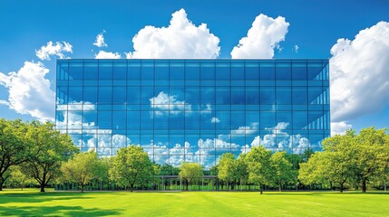 Sustainable modern architecture gleaming glass building reflecti