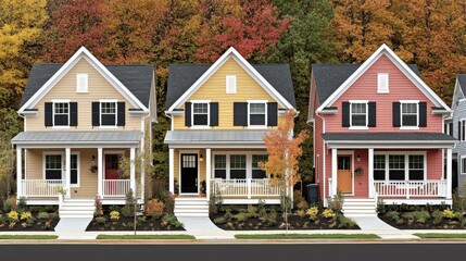 Charming neighborhood with colorful houses and autumn foliage re