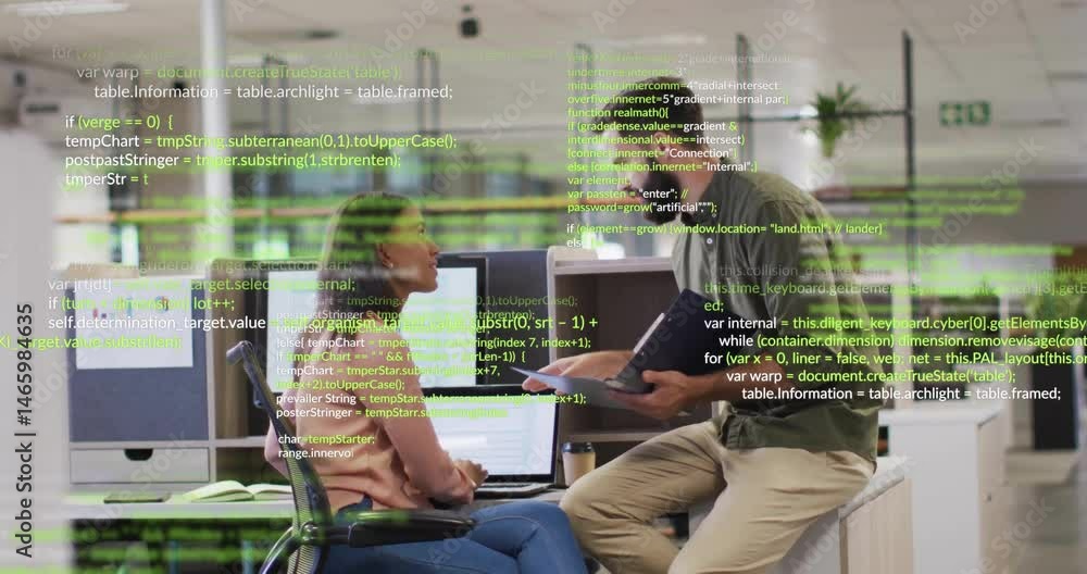 Poster coworkers collaborating on tech discussing data charts while green code overlays animating screens